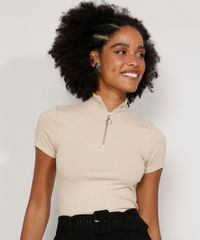 Blusa-Feminina-Manga-Curta-Canelada-com-Ziper-de-Argola-Gola-Alta-Kaki-9680111-Kaki_1