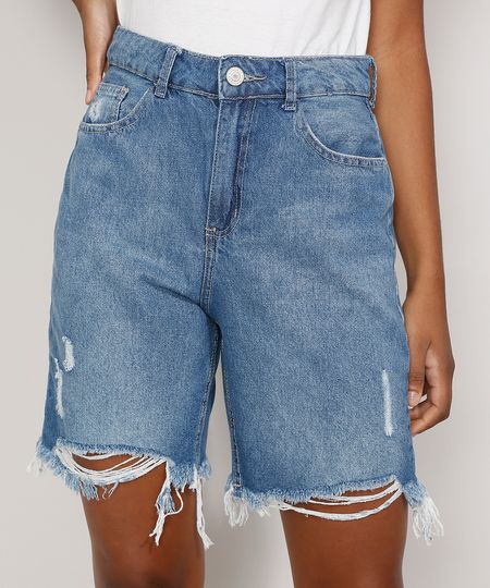 Bermuda Jeans Feminina Cintura Alta Destroyed Azul Médio frente