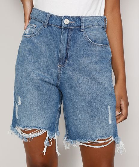 Bermuda Jeans Feminina Cintura Alta Destroyed Azul Médio frente