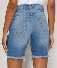 Bermuda Jeans Feminina Cintura Alta Destroyed Azul Médio costas