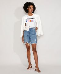 Bermuda Jeans Feminina Cintura Alta Destroyed Azul Médio