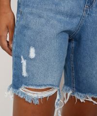 Bermuda Jeans Feminina Cintura Alta Destroyed Azul Médio rasgos