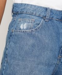 Bermuda Jeans Feminina Cintura Alta Destroyed Azul Médio bolsos