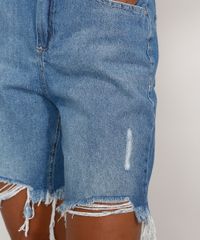 Bermuda Jeans Feminina Cintura Alta Destroyed Azul Médio rasgos