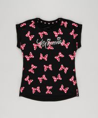Blusa-Infantil-Minnie-com-Estampa-de-Lacos-e-Paetes-Manga-Curta-Decote-Redondo-em-Algodao---Sustentavel-Preta-9140988-Preto_1