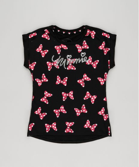 Blusa-Infantil-Minnie-com-Estampa-de-Lacos-e-Paetes-Manga-Curta-Decote-Redondo-em-Algodao---Sustentavel-Preta-9140988-Preto_1