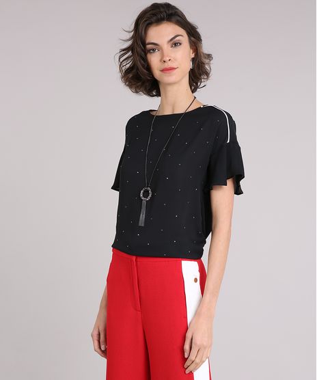 Blusa-Feminina-com-Strass-e-Vivo-Contrastante-Manga-Curta-Decote-Redondo-Preta-9111863-Preto_1