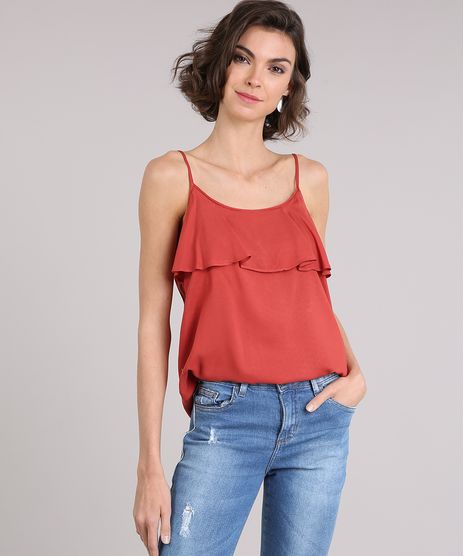 Regata-Feminina-Texturizada-com-Babado-de-Alca-Fina-Laranja-Escuro-8939146-Laranja_Escuro_1