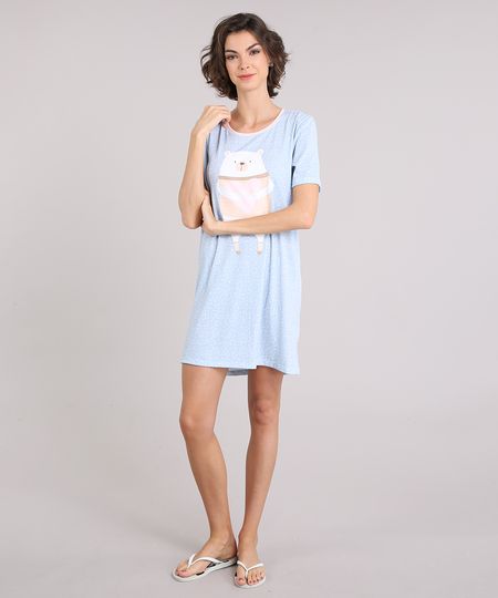 Camisola-Feminina-Estampada-Poas-e-Ursinho-Manga-Curta-Decote-Redondo-Azul-Claro-9120635-Azul_Claro_1