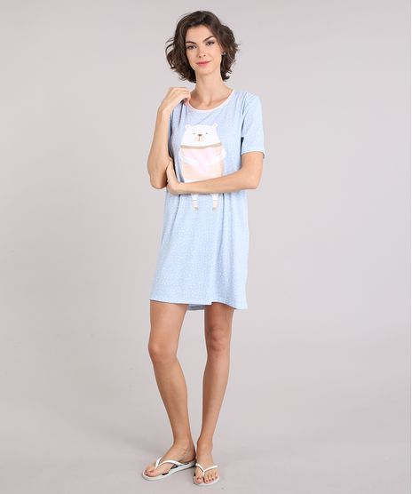 Camisola-Feminina-Estampada-Poas-e-Ursinho-Manga-Curta-Decote-Redondo-Azul-Claro-9120635-Azul_Claro_1