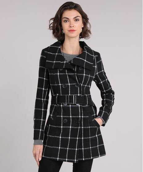 Casaco-Feminino-Trench-Coat-Xadrez-com-Botoes-e-Cinto-Preto-8889829-Preto_1