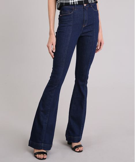 calça jeans flare cintura alta azul escuro
