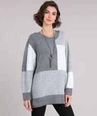 Sueter-Feminino-em-Trico-Oversized-Geometrico-Manga-Longa-Decote-Redondo-Cinza-Mescla-9054403-Cinza_Mescla_1