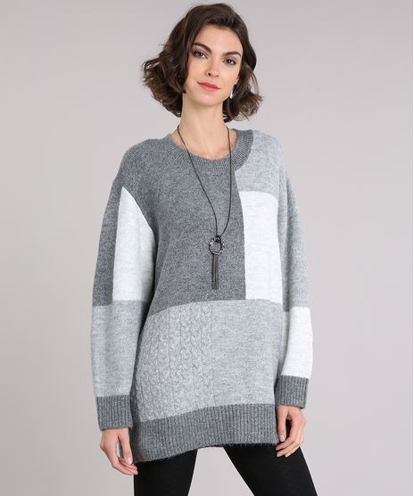 Sueter-Feminino-em-Trico-Oversized-Geometrico-Manga-Longa-Decote-Redondo-Cinza-Mescla-9054403-Cinza_Mescla_1