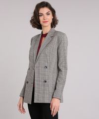 Blazer-Feminino-Longo-Retro-Xadrez-com-Bolsos-Cinza-9022380-Cinza_1