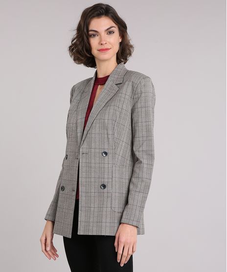 Blazer-Feminino-Longo-Retro-Xadrez-com-Bolsos-Cinza-9022380-Cinza_1