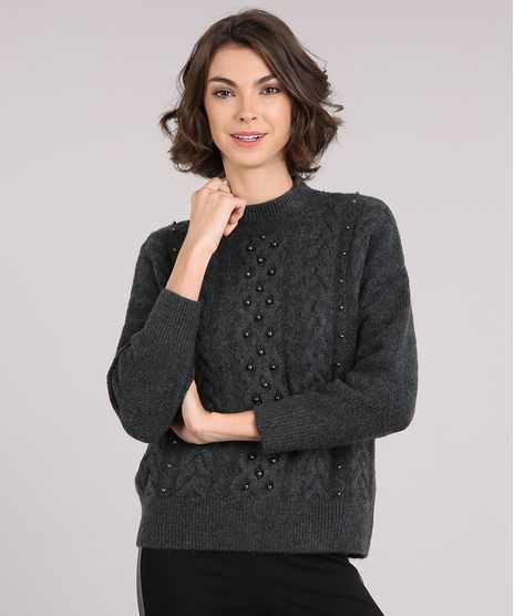 Sueter-Feminino-em-Trico-com-Tachas-Manga-Longa-Gola-Alta-Cinza-Mescla-Escuro-9056236-Cinza_Mescla_Escuro_1