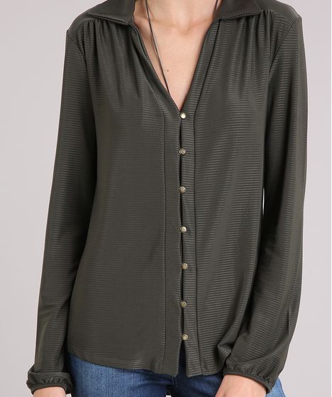 Camisa Feminina Texturizada Com Botoes Manga Longa Gola V Esporte