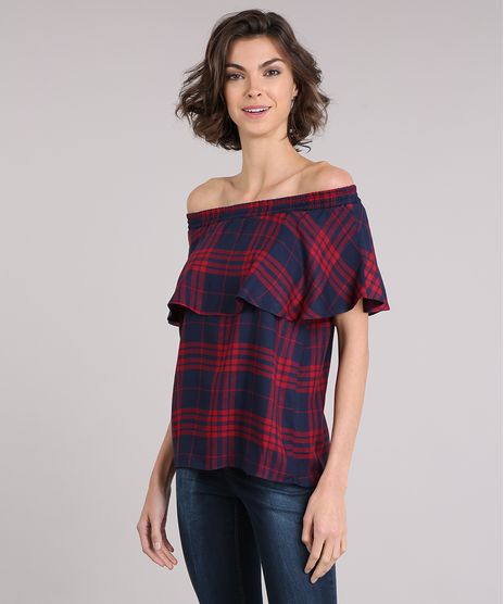 Blusa-Feminina-Ciganinha-Xadrez-com-Babado-Manga-Curta-Azul-Marinho-9030750-Azul_Marinho_1