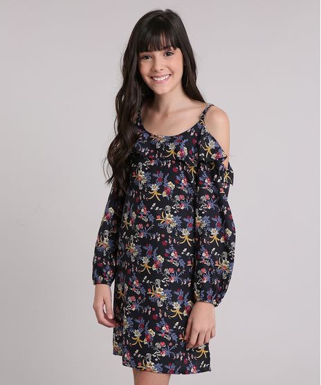 Vestido-Infantil-Open-Shoulder-Estampado-Floral-Curto-Preto-8846640-Preto_1