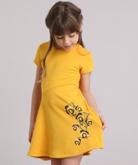 Vestido-Infantil-Evase-Texturizado-com-Flor-Manga-Curta-Decote-Redondo-Amarelo-9195751-Amarelo_1