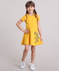 Vestido-Infantil-Evase-Texturizado-com-Flor-Manga-Curta-Decote-Redondo-Amarelo-9195751-Amarelo_3
