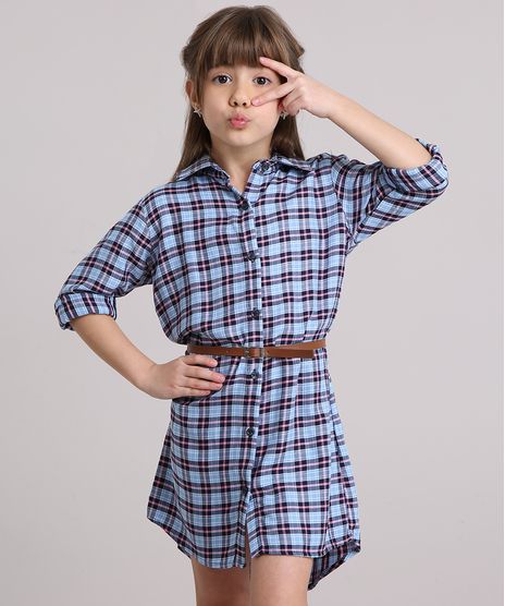 Vestido-Chemise-Xadrez-Manga-Longa-com-Cinto-Azul-Claro-9170668-Azul_Claro_1