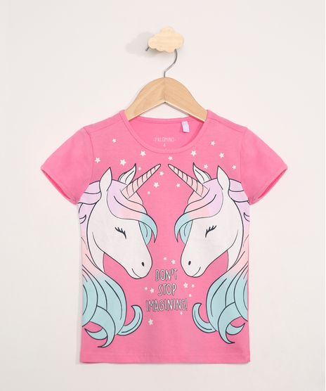 Blusa-Infantil-Manga-Curta-Unicornios--Don-t-Stop-Imagining--Rosa-Escuro-9952886-Rosa_Escuro_1