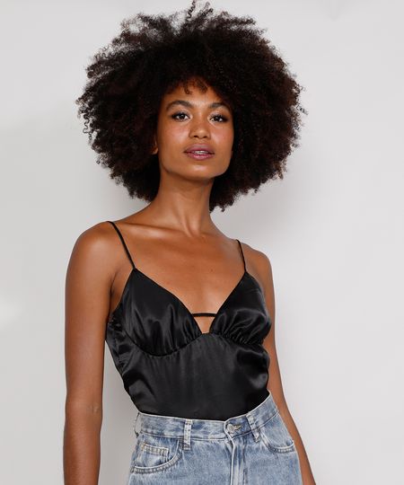 Regata Feminina Mindset Acetinada com Vazado Alça Fina Decote V Preta Menor preço em Regata Feminina Mindset Acetinada com Vazado Alça Fina Decote V Preta