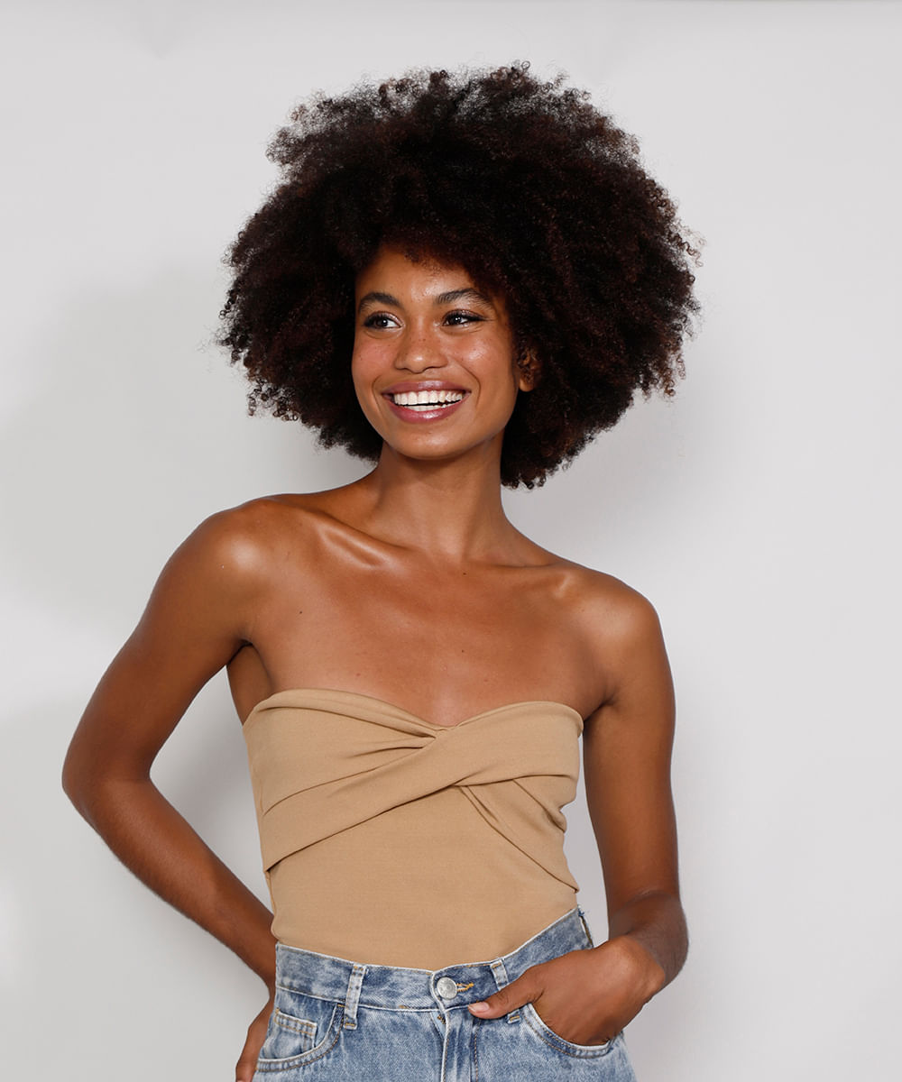 Blusa Feminina Mindset Tomara que Caia com Torcido Decote Princesa Bege