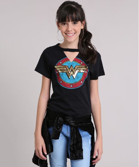 Blusa-Infantil-Choker-Mulher-Maravilha-com-Paetes-Dupla-Face-Manga-Curta-em-Algodao---Sustentavel-Preta-9132424-Preto_1