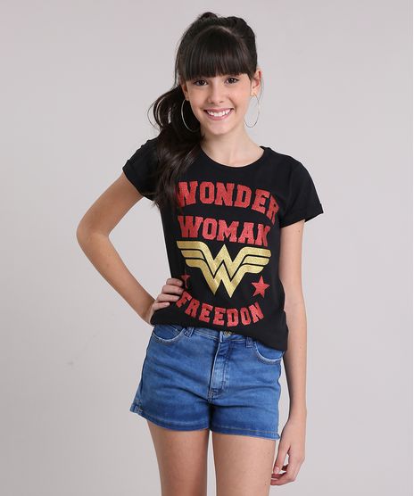 Blusa-Infantil-Mulher-Maravilha-Manga-Curta-Decote-Redondo-em-Algodao---Sustentavel-Preta-9199435-Preto_1