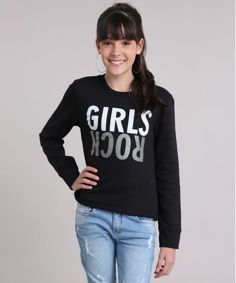 Blusao-Infantil-em-Moletom--Girls-Rock--com-Glitter-Decote-Redondo-Manga-Longa-Preto-9132918-Preto_1