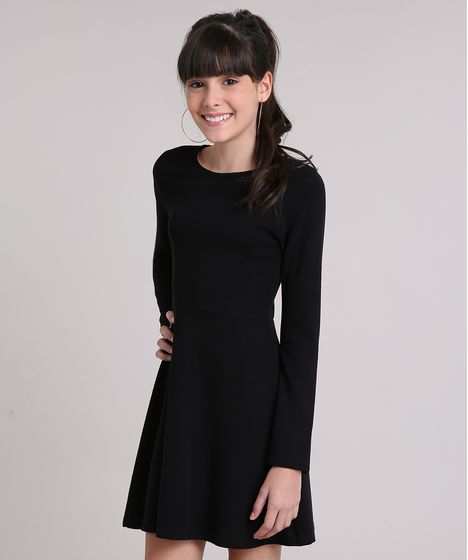 vestido canelado preto manga longa