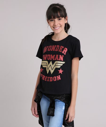Blusa-Infantil-Mulher-Maravilha-Manga-Curta-Decote-Redondo-em-Algodao---Sustentavel-Preta-9141781-Preto_1