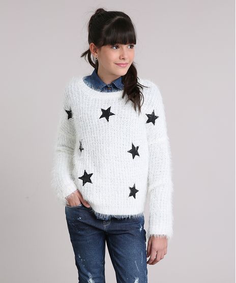 Sueter-Infantil-em-Trico-Felpudo-com-Estrela-Bordada-Decote-Redondo-Manga-Longa-Off-White-8862390-Off_White_1