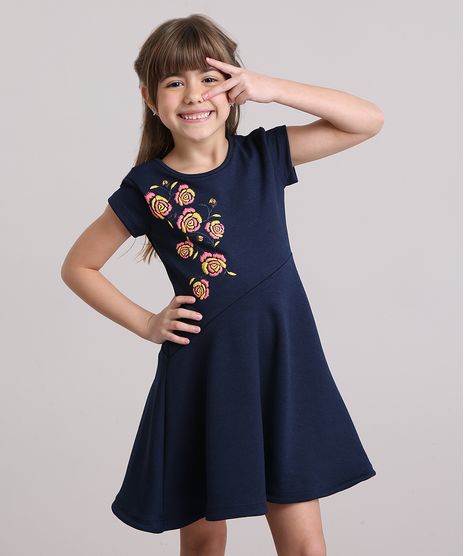 Vestido-Infantil-Flores-Manga-Curta-Decote-Redondo-Azul-Marinho-9195752-Azul_Marinho_1