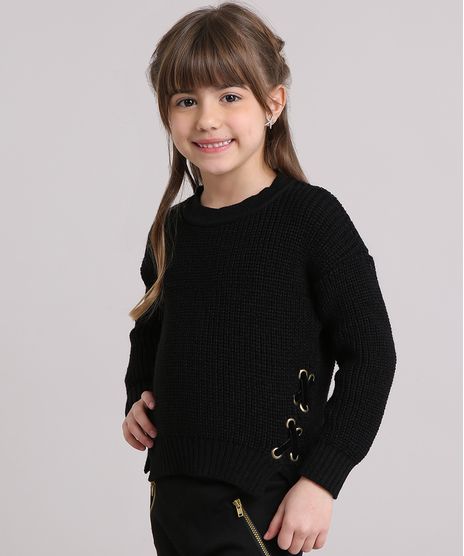 Sueter-Infantil-em-Trico-com-Lace-up-Decote-Redondo-Manga-Longa-Preto-9140692-Preto_1