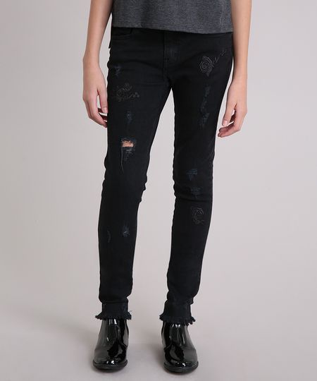 Calca-Jeans-Infantil-com-Puidos-e-Bordado-Floral-Preta-9142271-Preto_1