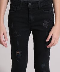Calca-Jeans-Infantil-com-Puidos-e-Bordado-Floral-Preta-9142271-Preto_4