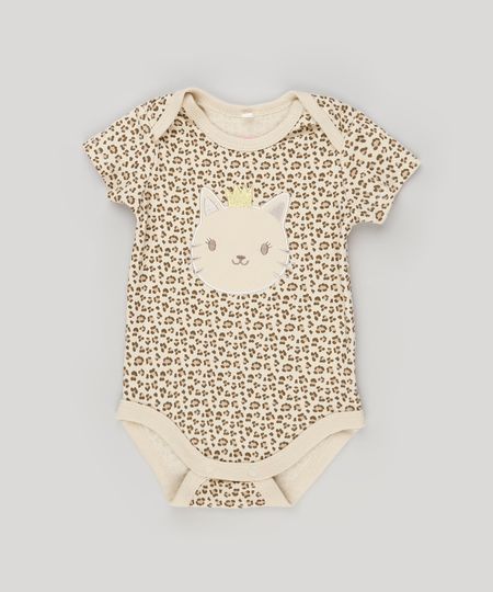 Body-Infantil-Estampado-Animal-Print-com-Bordado-Manga-Curta-Decote-Redondo-em-Algodao---Sustentavel-Bege-8934426-Bege_1