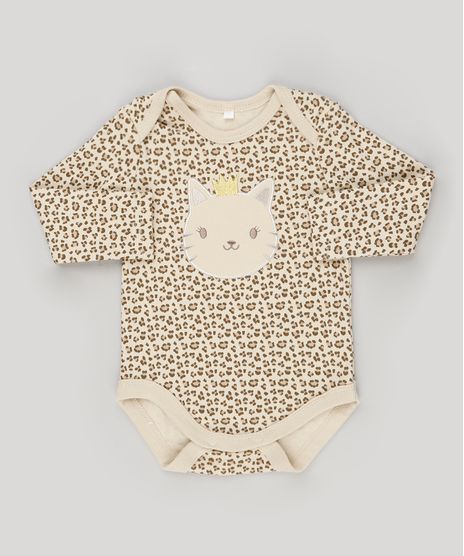 Body-Infantil-Estampado-Animal-Print-com-Bordado-Manga-Longa-Decote-Redondo-em-Algodao---Sustentavel-Bege-8934303-Bege_1