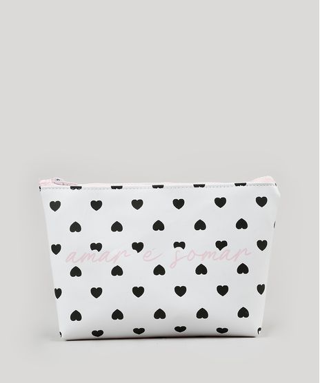Necessaire-Feminina-Estampada-com-Coracoes--Amar-E-Somar--Branca-9029885-Branco_1
