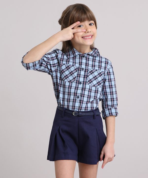 Camisa Infantil Xadrez com Bolsos Manga Longa Azul Claro 12