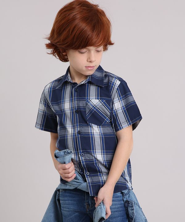 Camisa Infantil Xadrez Manga Curta com Bolso Azul Marinho 4
