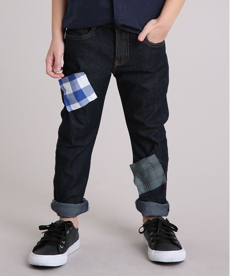 Calca-Jeans-Infantil-com-Retalho-Xadrez-em-Algodao---Sustentavel-Azul-Escuro-9169395-Azul_Escuro_1