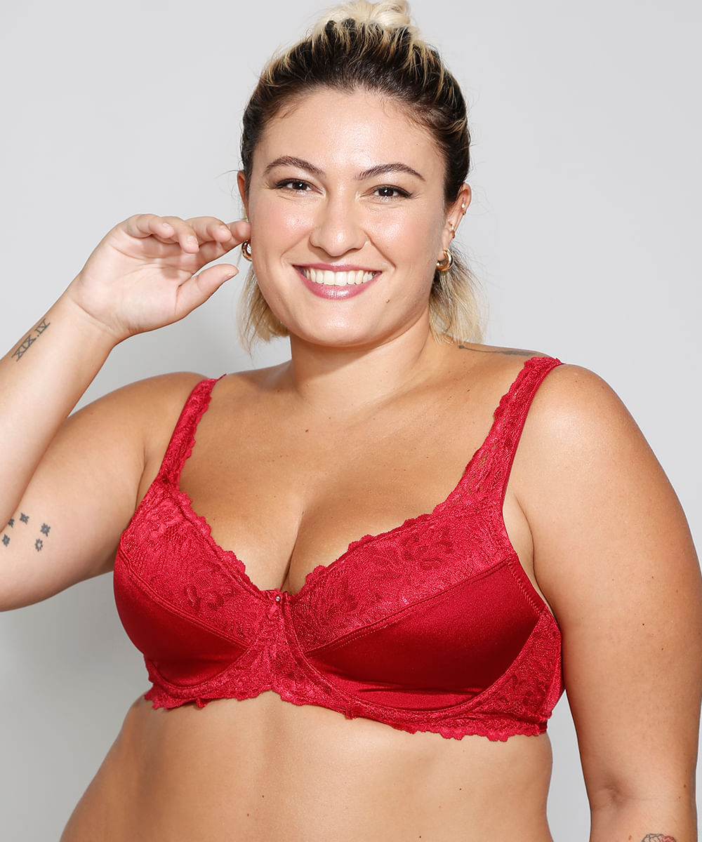 sutiã meia taça com renda floral demillus plus size vermelho