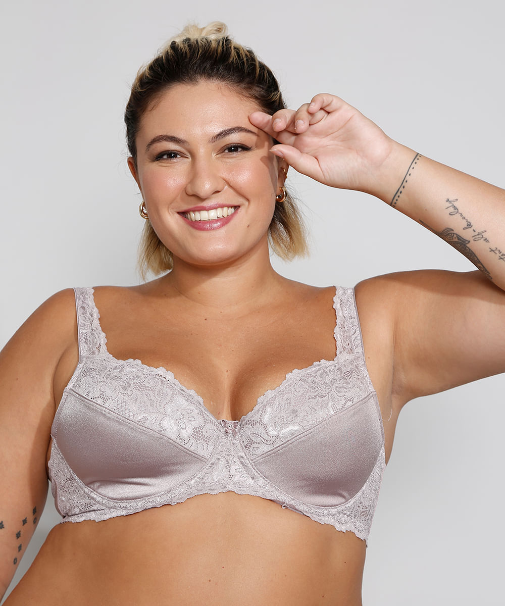 sutiã meia taça com renda floral demillus plus size lilás