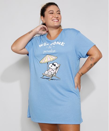Camisola-Feminina-Plus-Size-Manga-Curta--Welcome-To-Paradise--Snoopy-Azul-9974467-Azul_1