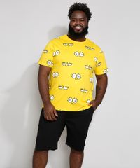 Camiseta-Masculina-Plus-Size-Estampada-Olhos-Lisa-Manga-Curta-Gola-Careca-Amarela-9976200-Amarelo_3
